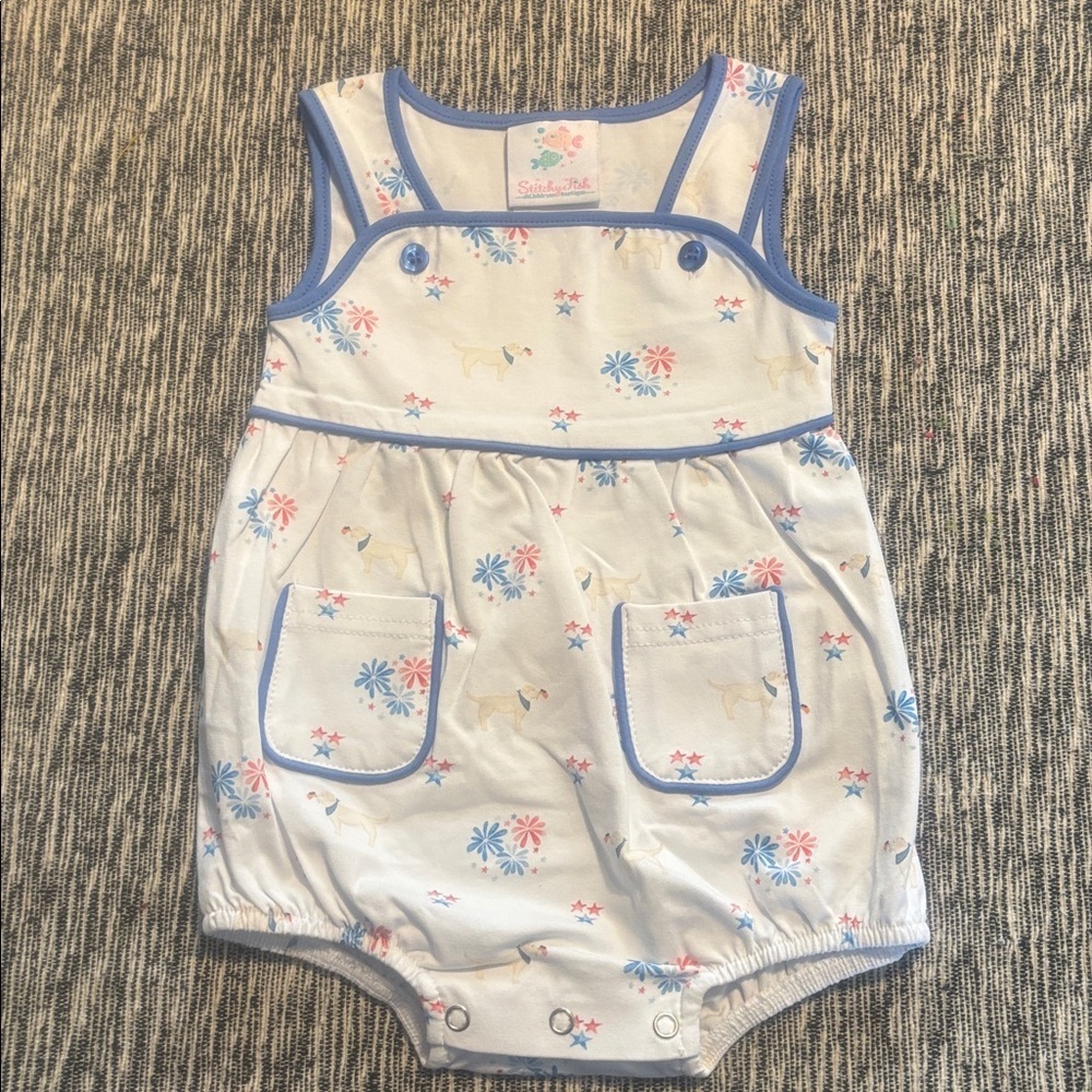 Stitchy Fish Yellow Lab Dog Flag Firework Romper 6M